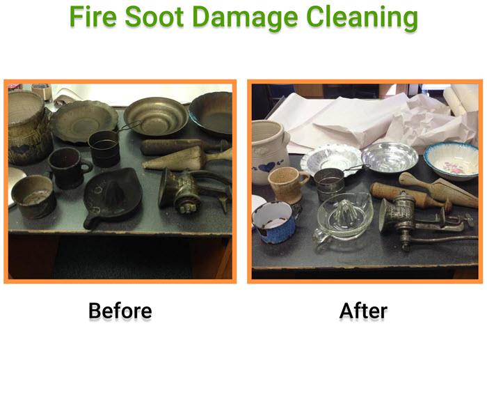 before and after image of items effected by soot in graphic titled fire soot damage cleaning